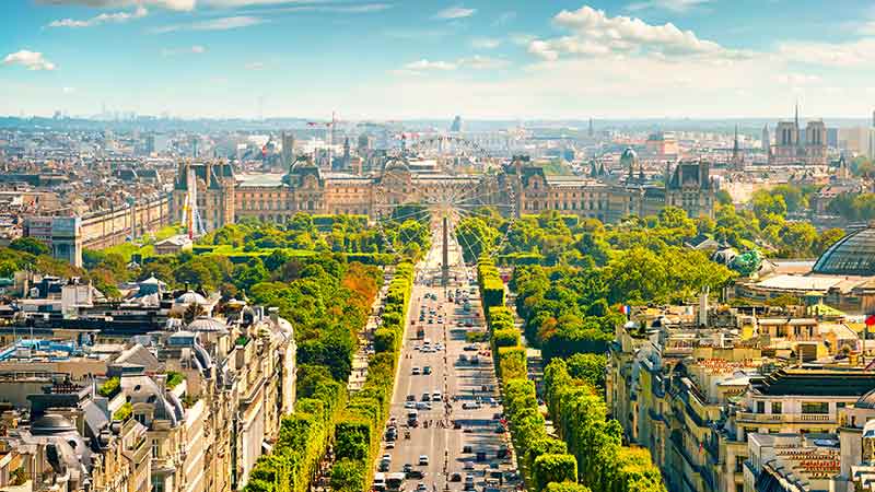 View on Avenue des Champs Elysees from Arc de Triomphe in Paris, France